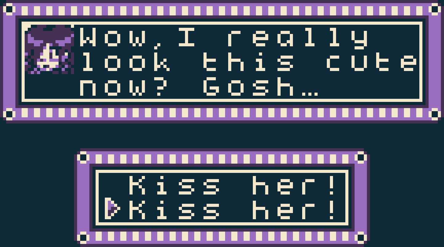A video game textbox with a blushing avatar saying 'Wow, I really look this cute now? Gosh...' with two dialogue options underneath, each option reading 'Kiss her!'