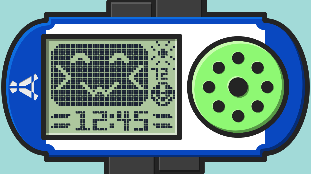 A graphic design of a light blue smartwatch with a lime green clickwheel on the right.