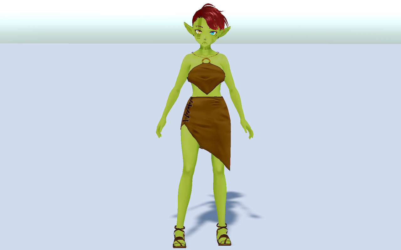 A 3D model of a red-haired orc girl with leather clothing and a pendant.