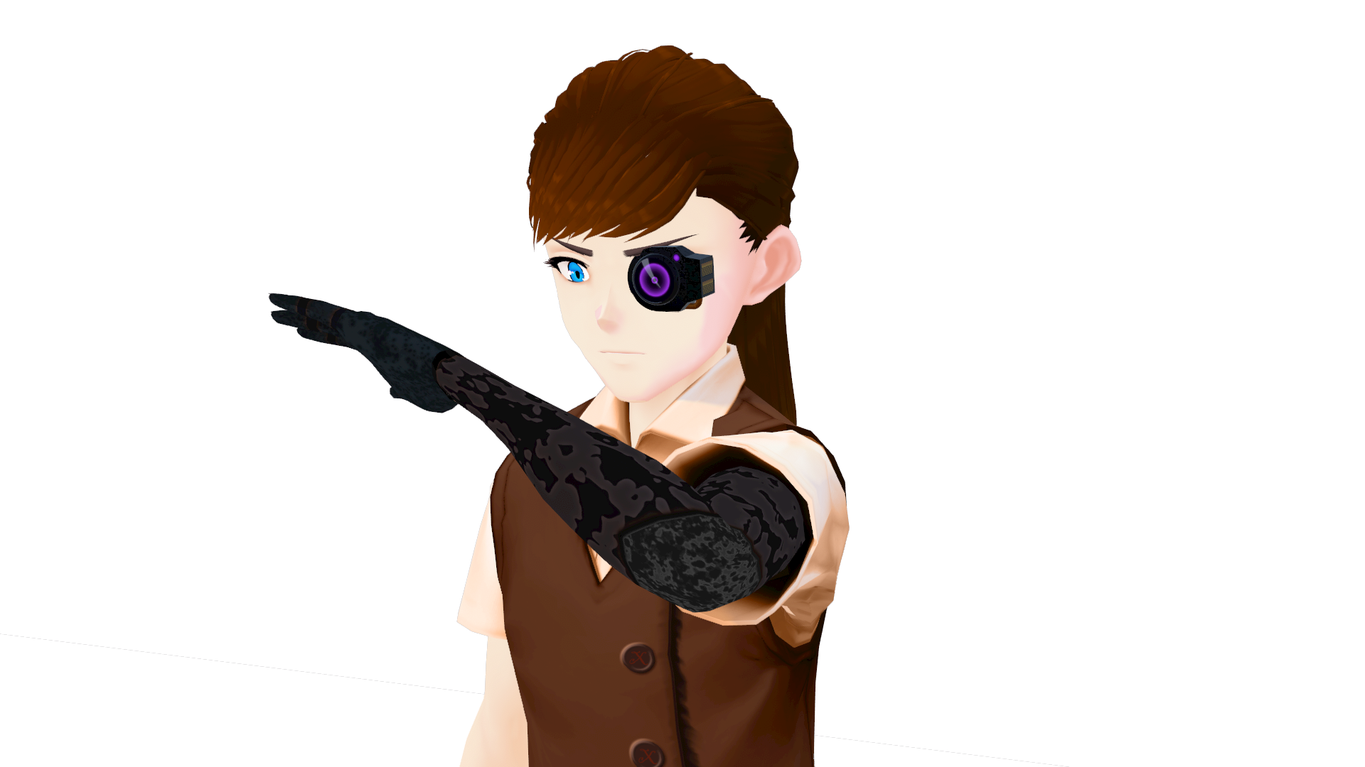 A 3D model of a long-haired cowboy with a cybernetic left eye and left arm.